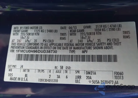 2013 Ford Escape Sel z USA, uszkodzony, nr VIN 1FMCU0H96DUD38730